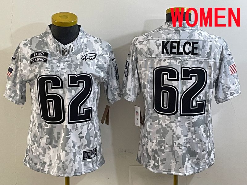 Women Philadelphia Eagles 62 Kelce Nike Arctic Camo 2025 Salute to Service Limited NFL Jersey style 1